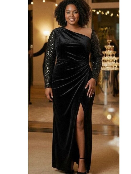 Adrianna Papell Dresses & Skirts - Adrianna Papell Black Velvet Evening Gown with Sequin Sleeves and Slit Sz 14